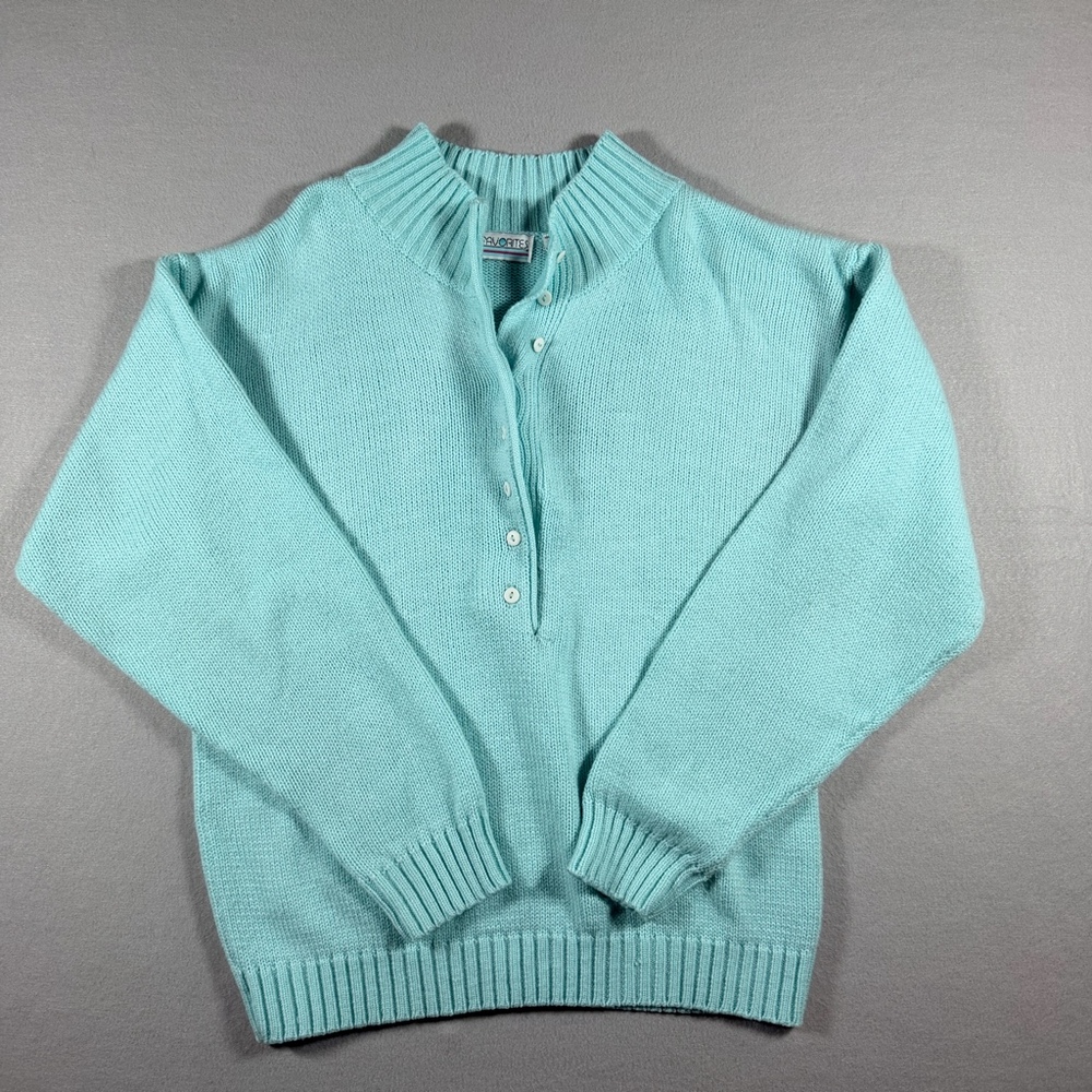 Vintage Favorites Seafoam Green Knit Henley Sweater Women’s Ruffle Collar
